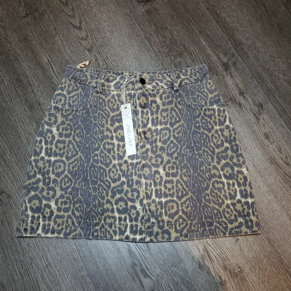 She+Sky Cognac Leopard Print Denim Mini Skirt - Picture 2 of 7